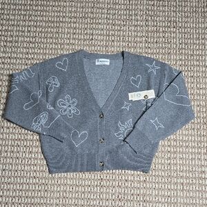 Heart Flower Button Up Novelty Cardigan Medium 8 - 10 Heather Grey Sweater Top